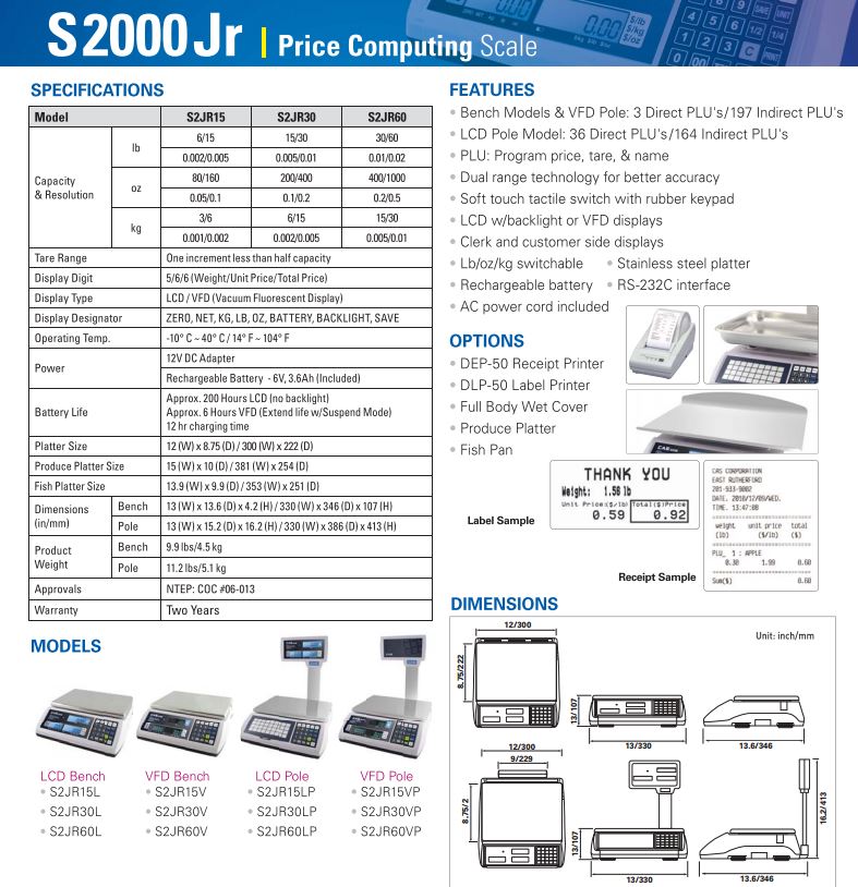 CAS 15 LB Portable VFD Price Computing Scale - Legal for Trade